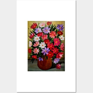 A beautiful bouquet of mixed flowers in a gold vase Posters and Art